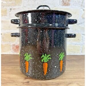 Granite Ware Black Enamel Stock Pot Vegetable Carrot Steamer Strainer Vintage